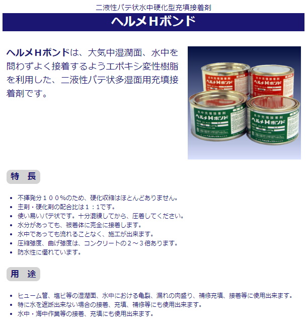日本ヘルメチックス ヘルメHボンド 10kgセット 二液性パテ状水中硬化型充填接着剤 かんだ！