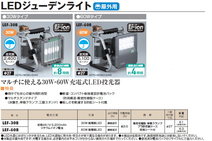 ハタヤ　ＬＥＤジューデンライト　３０Ｗタイプ LEF-30B - 3