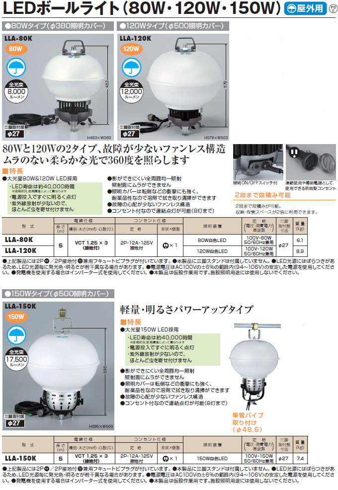 ハタヤリミテッド LEDボールライト 120Wタイプ(φ500照明カバー) 屋外用 LLA-120K かんだ！