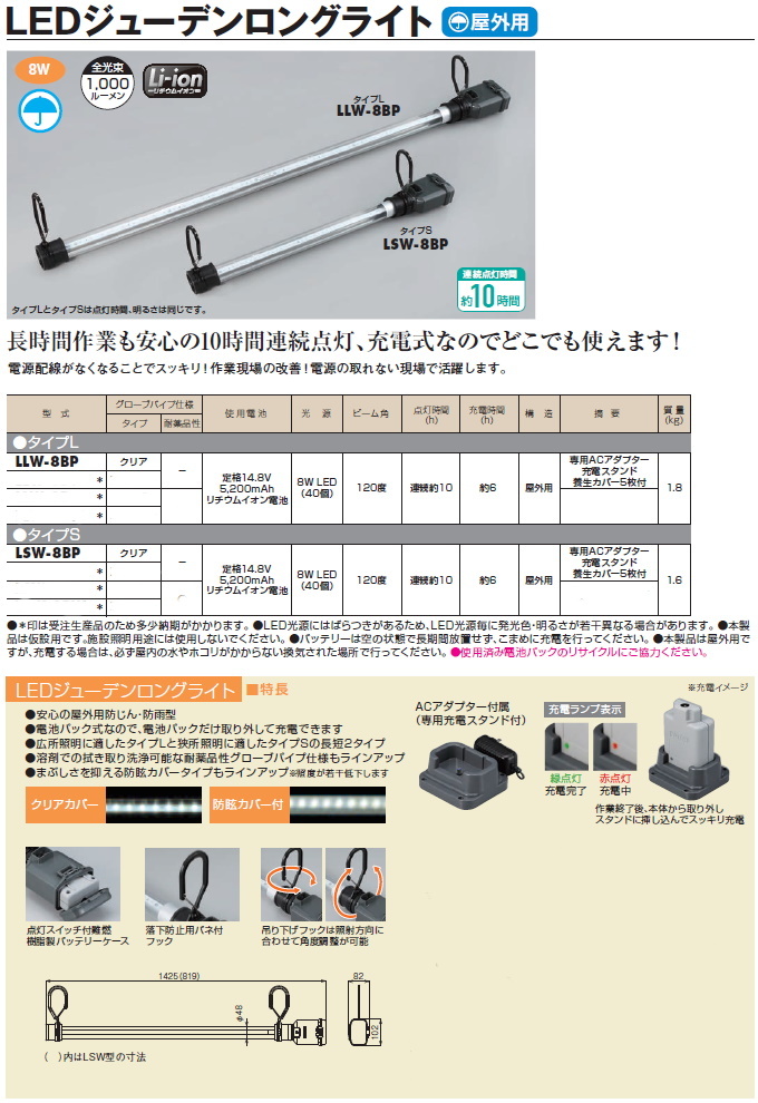 定価¥80,600 ハタヤリミテット　LED充電ライト　LSW-8BP　屋外用 ハタヤリミテッド LEDジューデンロングライト 屋外用 LSW-8BP