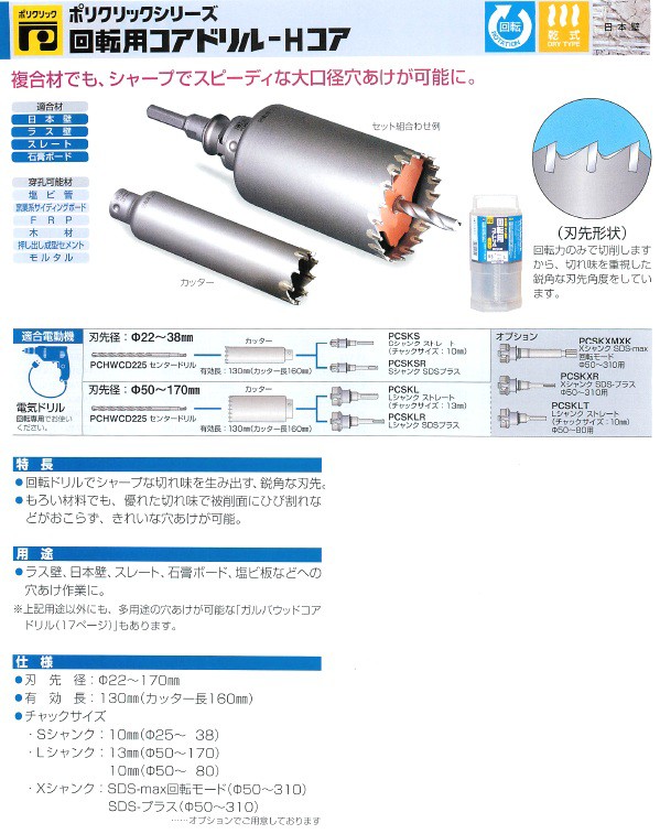 ミヤナガ 回転用コアドリル-Hコア PCHW かんだ！