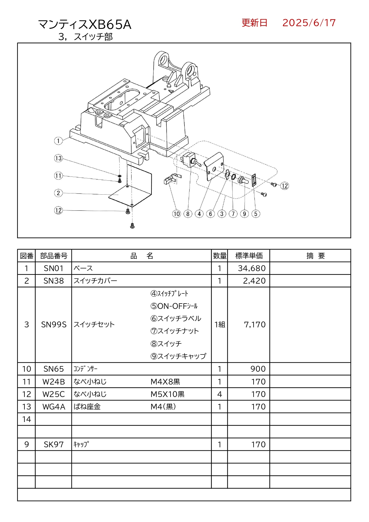 REX マンティスXB65A用部品 スイッチ部 かんだ！