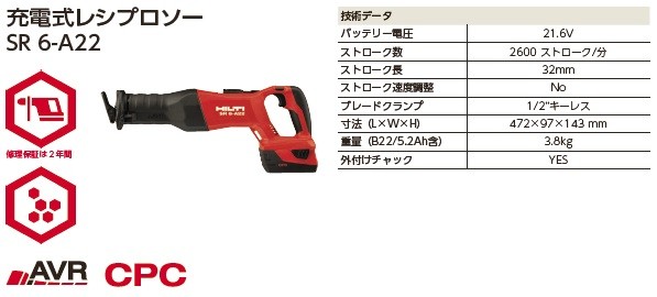 HILTI ヒルティ 充電式レシプロソー SR 6-A22【2024年6月末で販売終了】