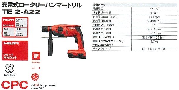 HILTI ヒルティ 充電式ロータリーハンマードリル TE2-A22【2024年6月末